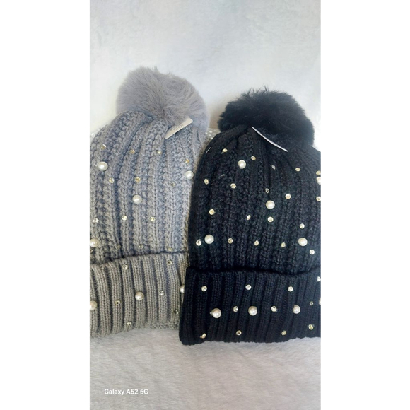 2 Knit Pom Pom Beanie Hat Black and Gray with fuzzy Plush warm linen - Picture 4 of 7